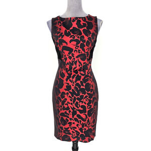 Karen Millen Dress Womens 8 Red Black Floral Sheath Back Zip Lined Lace Back